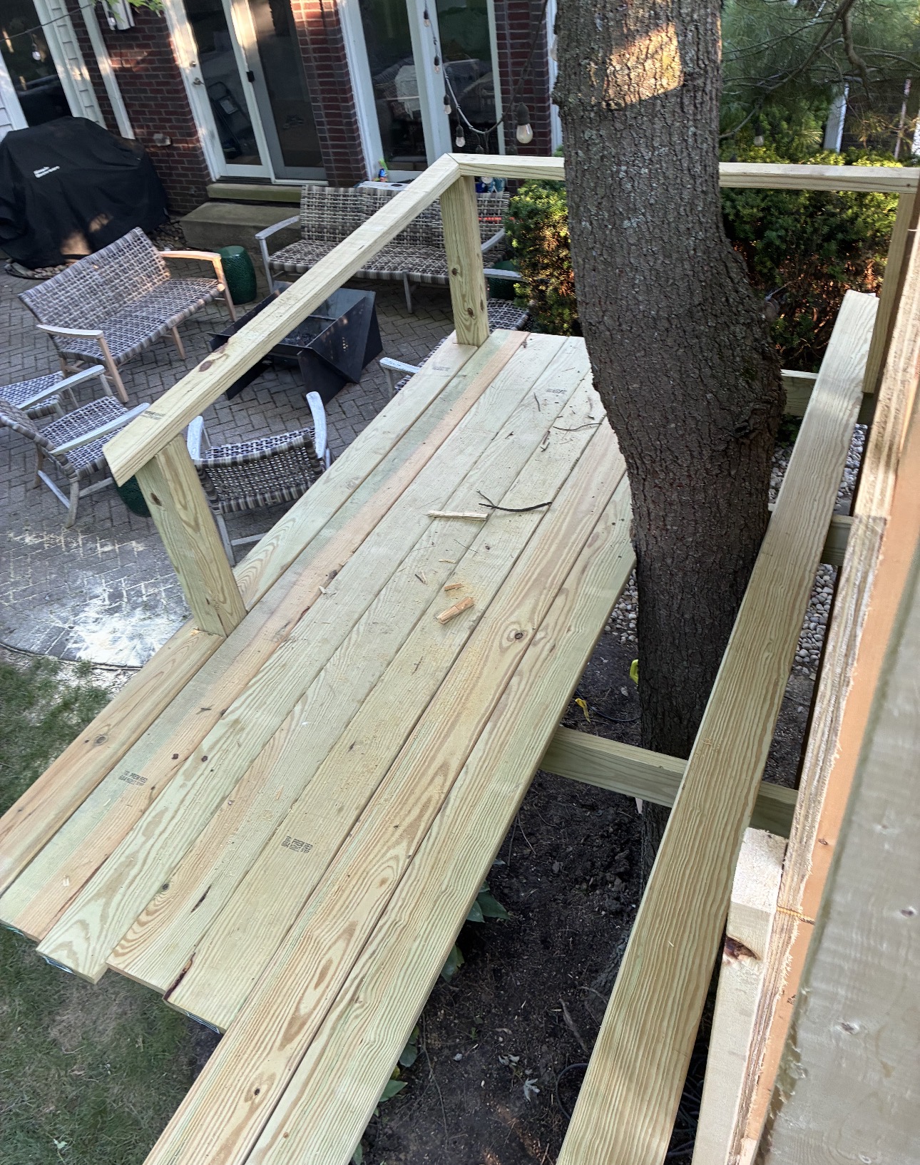 Wooden deck platform framed around a tree trunk